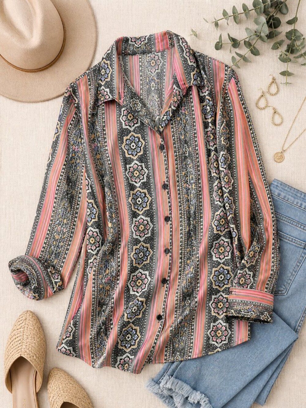 Boho Floral Stripe Button Down Blouse Size 12 Vintage Style Top